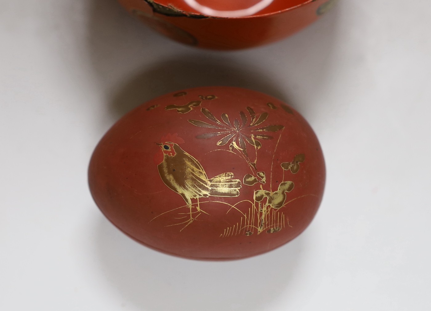 A Chinese rectangular lacquer box, five bowls and an egg shaped box, box 22cms wide x 17cms deep